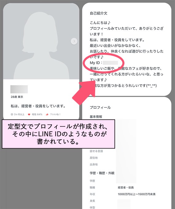 定型文でプロフィールが作成され、その中にLINE IDのようなものが書かれている。