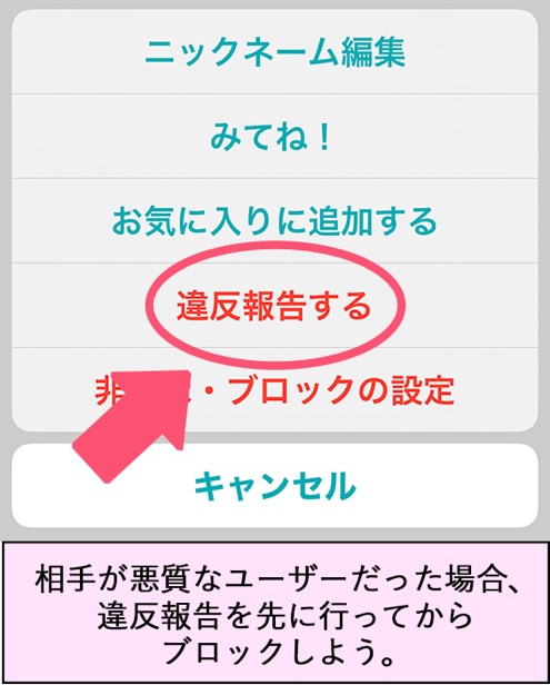 ニックネーム編集 みてね！ お気に入りに追加する 違反報告する 非表示・ブロックの設定 キャンセル 相手が悪質なユーザーだった場合、違反報告を先に行ってからブロックしよう。