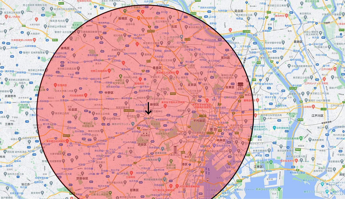 10kmの円を描いた東京都心部の地図