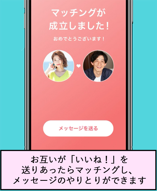 お互いが「いいね！」を送りあったらマッチングし、メッセージのやりとりができます