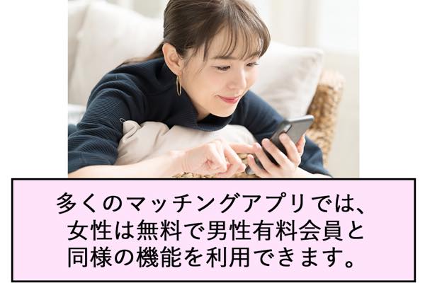 多くのマッチングアプリでは、 女性は無料で男性有料会員と 同様の機能を利用できます。