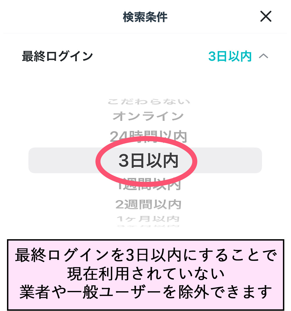 最終ログインを3日以内にすることで現在利用されていない業者や一般ユーザーを除外できます