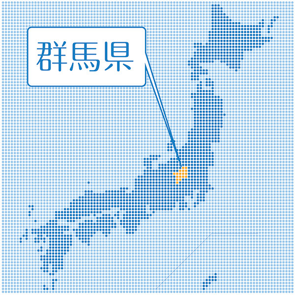 ドットで表現された日本地図と群馬県の位置