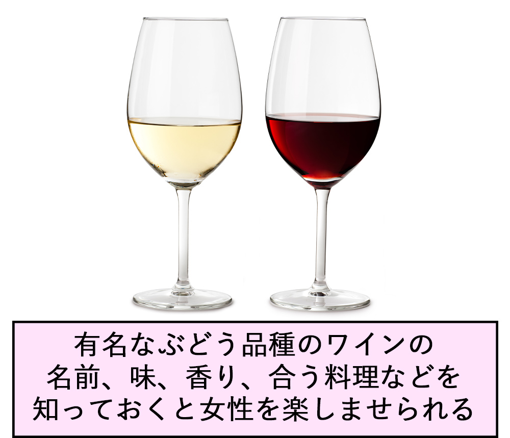 有名なぶどう品種のワインの名前、味、香り、合う料理などを知っておくと女性を楽しませられる