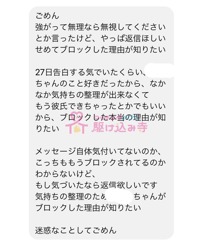 ごめん 強がって無理なら無視してくださいとか言ったけど、やっぱ返信ほしいせめてブロックした理由が知りたい 27日告白する気でいたくらい、ちゃんのこと好きだったからなかなか気持ちの整理ができなくて もう彼氏できちゃったとかでもいいから、ブロックした本当の理由が知りたい メッセージ自体気づいていないのか、こっちももうブロックされてるのかわからないけど、 もし気づいたなら返信欲しいです。 気持ちの整理のため、 ちゃんがブロックした理由が知りたい 迷惑なことしてごめん