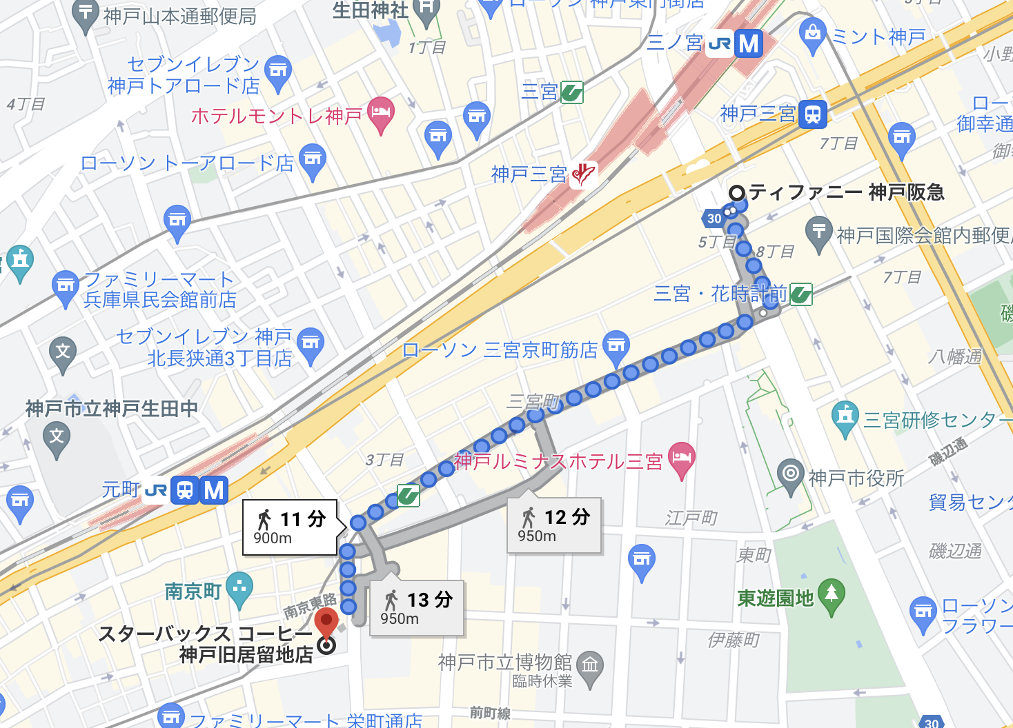 Google Mapの神戸市三宮の地図